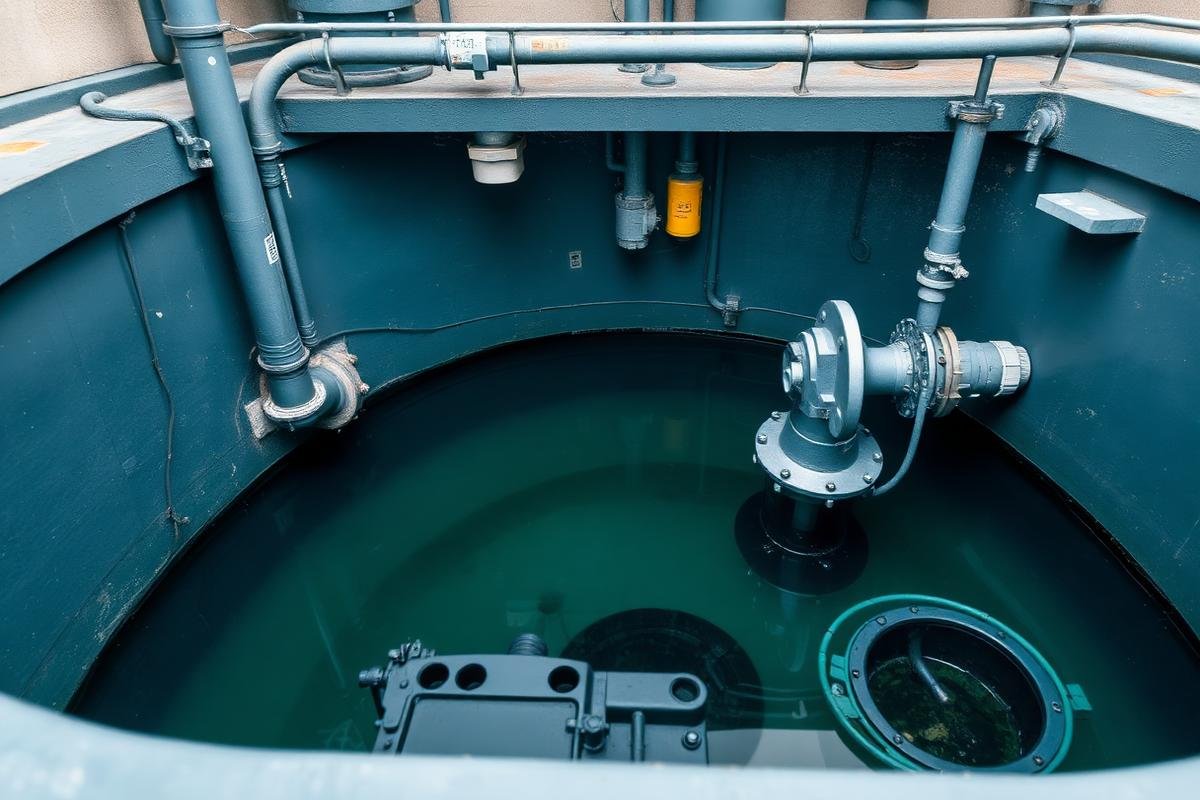 Wastewater pumping station wet well with submersible pump cabling and containment