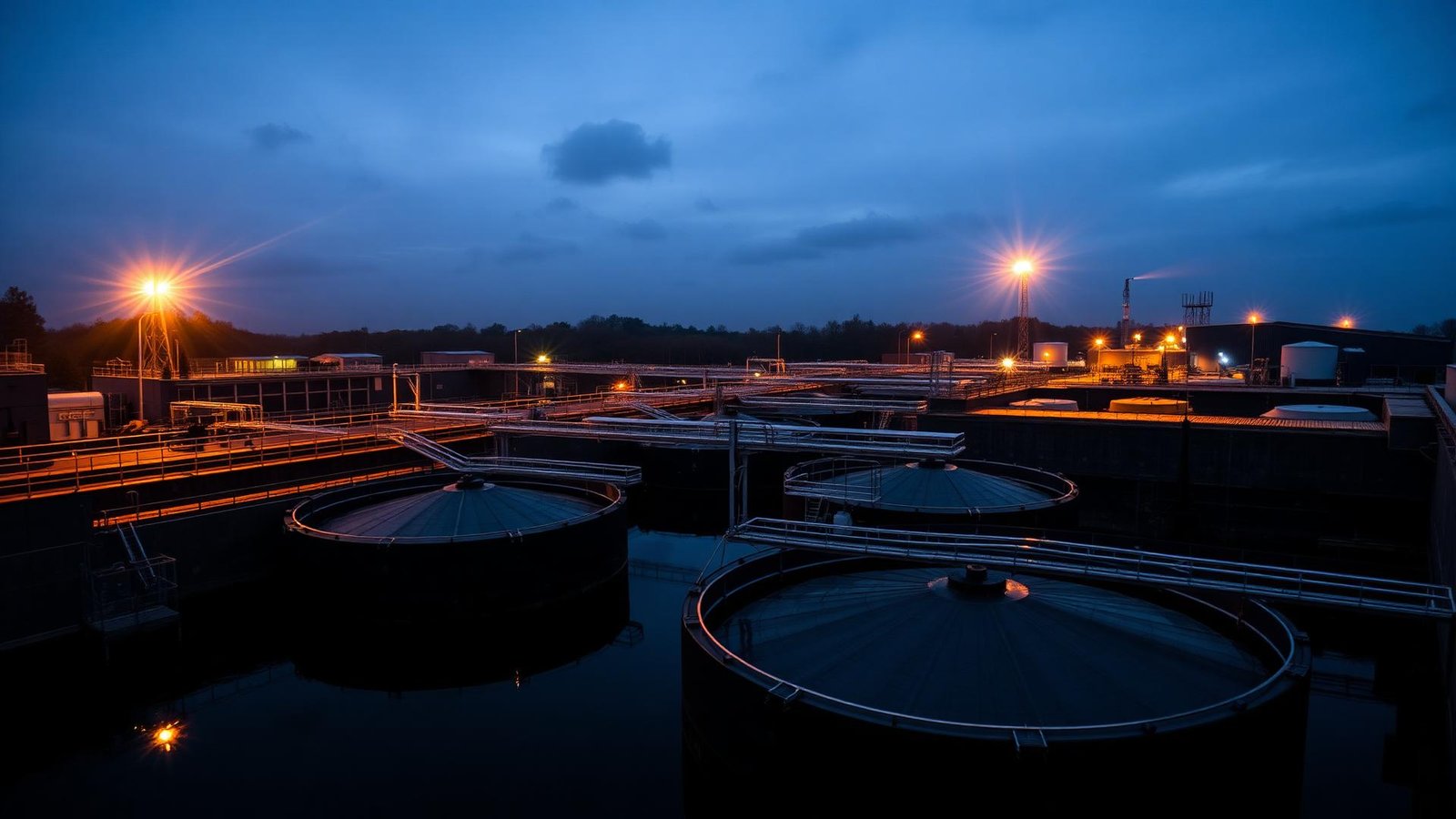 UK municipal water treatment works at dusk with clarifier tanks and electrical infrastructure